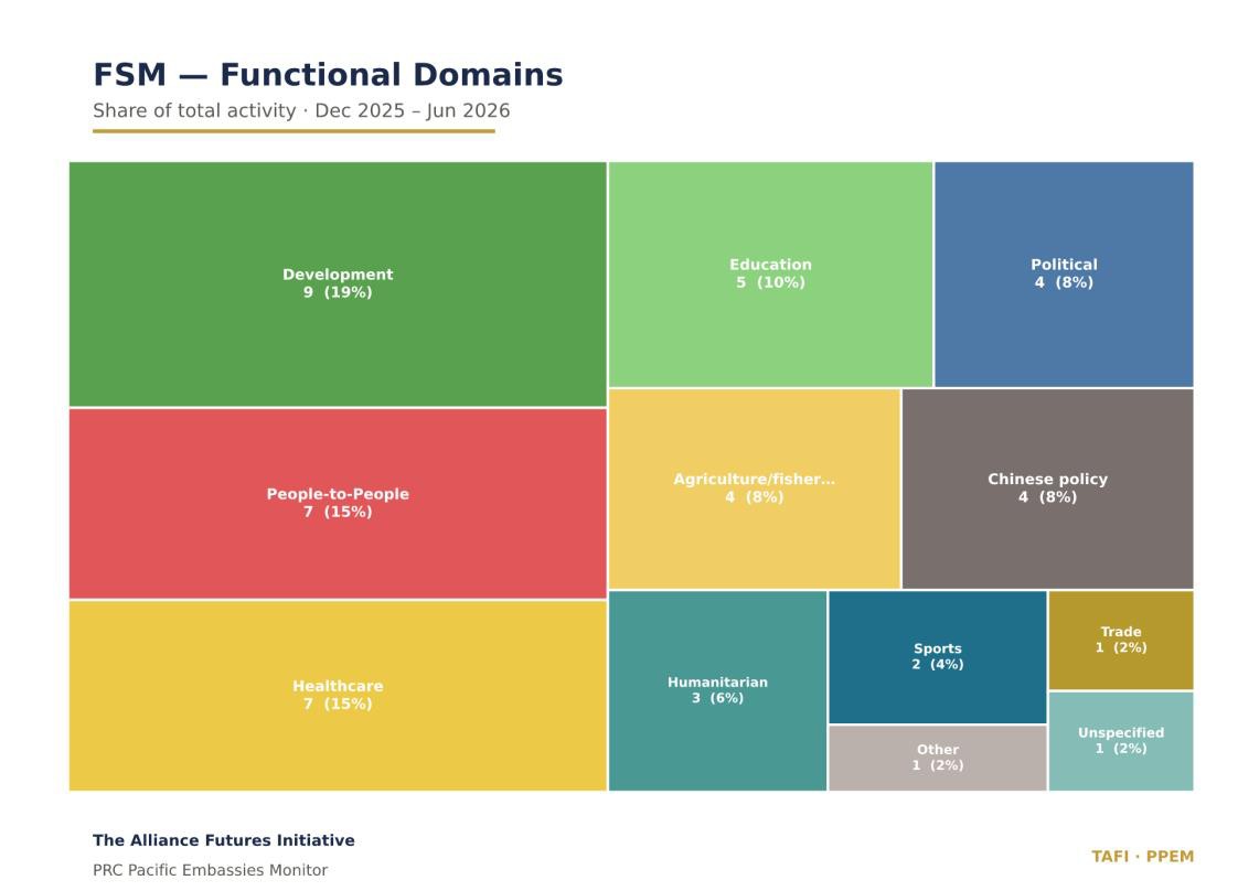 Tree map of the FSM functional domain mix, led by development 9 (19%), people-to-people 7 (15%), and healthcare 7 (15%).