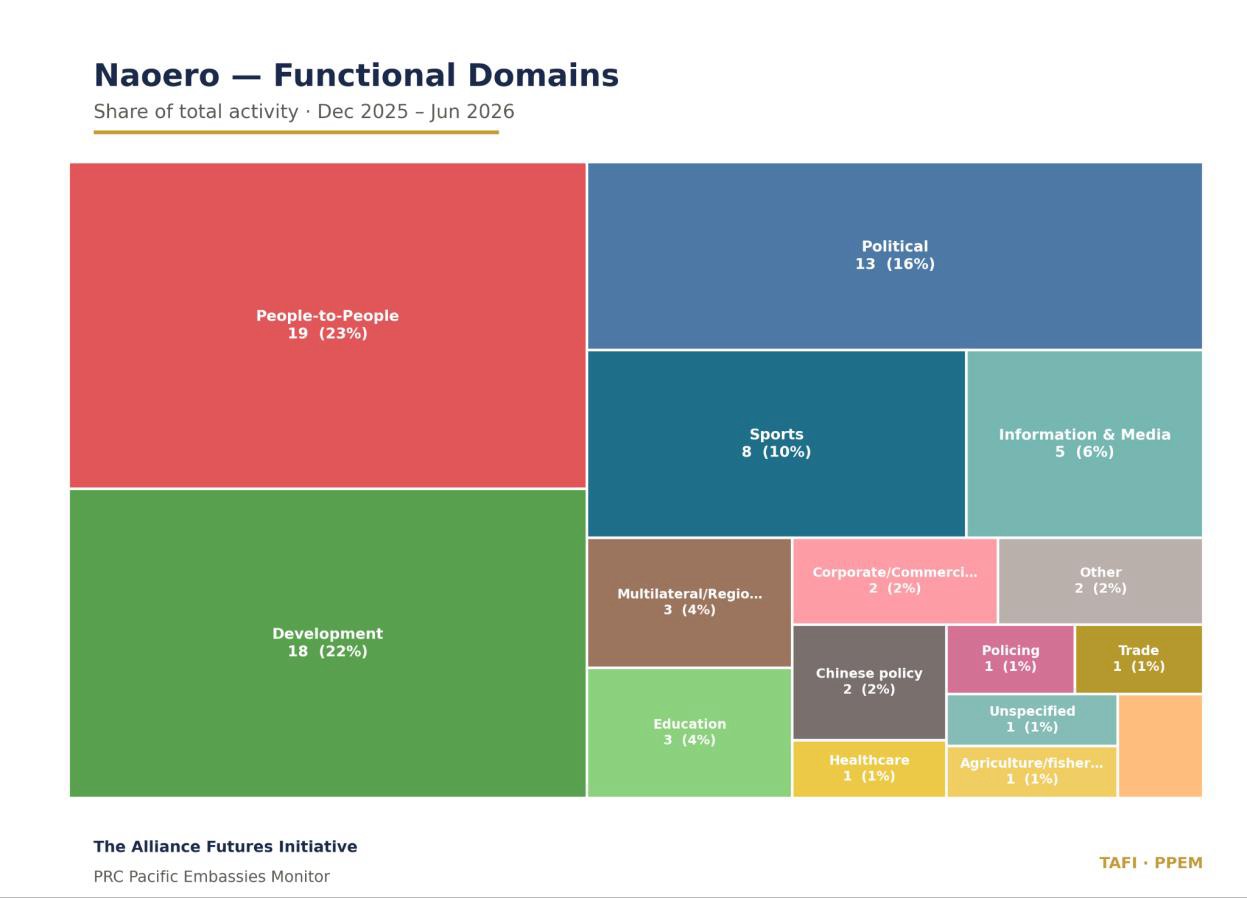 Tree map of the Naoero functional domain mix, led by people-to-people 19 (23%), development 18 (22%), and political 13 (16%).