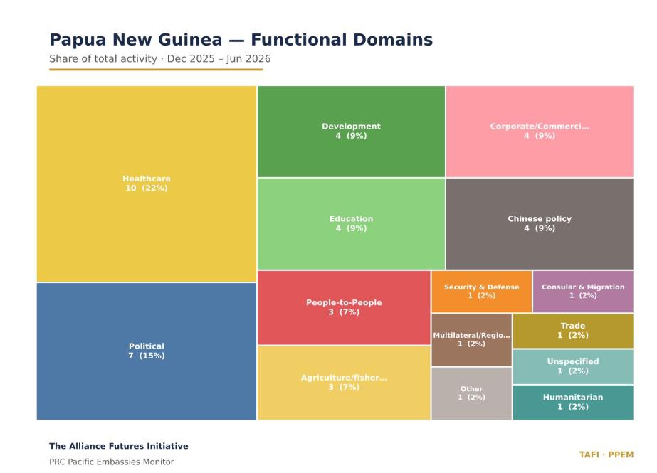 Tree map of the Papua New Guinea functional domain mix, led by healthcare 10 (22%) and political 7 (15%).