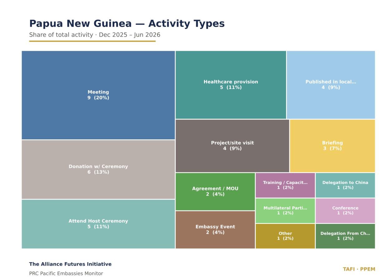 Tree map of the Papua New Guinea activity type mix, led by meeting 9 (20%) and donation with ceremony 6 (13%).